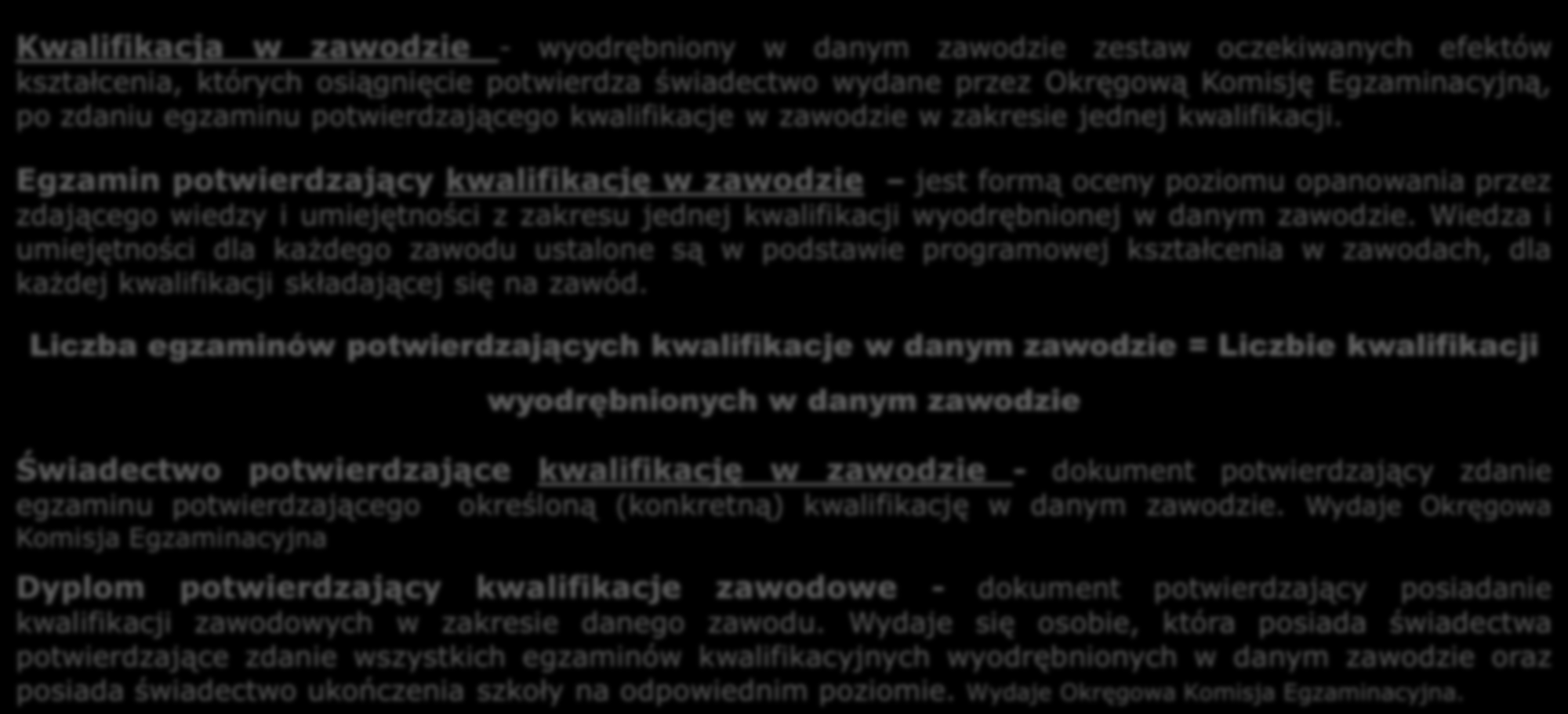 Podstawowe pojęcia dot. nowej formuły egzaminu ( egzamin potwierdzający kwalifikacje w zawodzie ) Egzamin zawodowy - pojęcie potoczne, którym nazywane są różne egzaminy zawodowe (np.