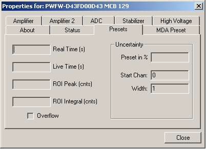 Zakładka Presets Paramenty pomiaru można ustawić tylko przed pomiarem, w czasie akwizycji danych obszar ustawienia parametrów jest nieaktywny.