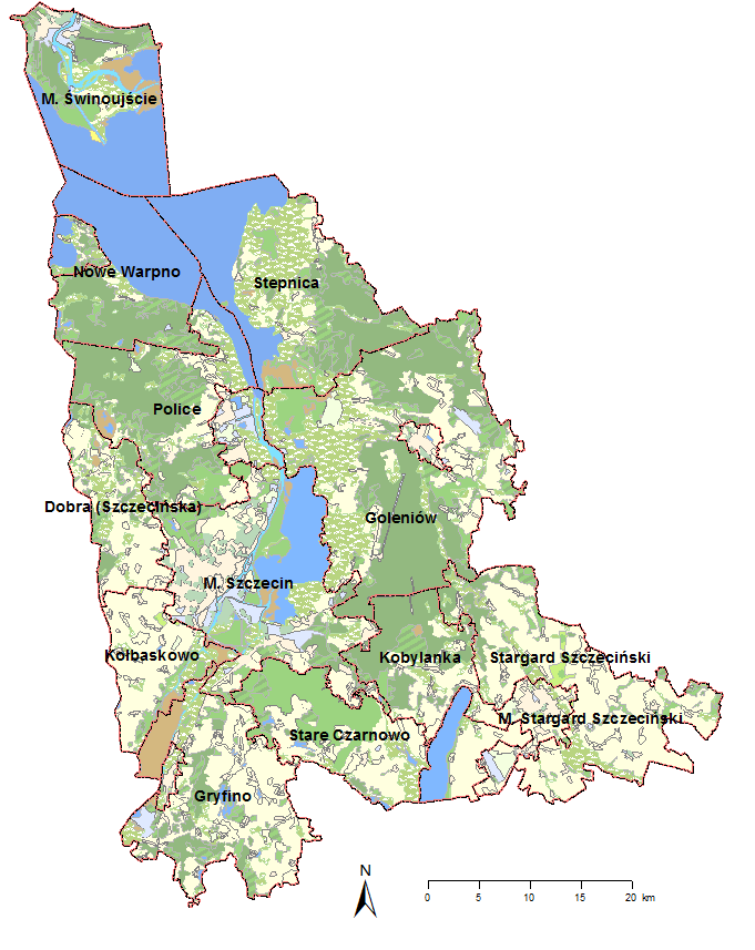 Rysunek 5 Mapa położenia miasta a na tle Szczecińskiego Obszaru Metropolitalnego 98 Miasto podzielone jest na 4 dzielnice: Północ, Prawobrzeże, Śródmieście, Zachód, oraz na 37 osiedli