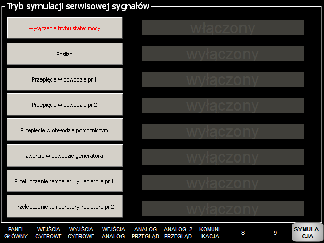 Panel symulacji Praca w trybie symulacji może być wykonywana jedynie przez wykwalifikowany i przeszkolony personel. ZABRANIA SIĘ WYKONYWANIA JAKICHKOLWIEK PRÓB LUB PRAC W TRYBIE SYMULACJI!