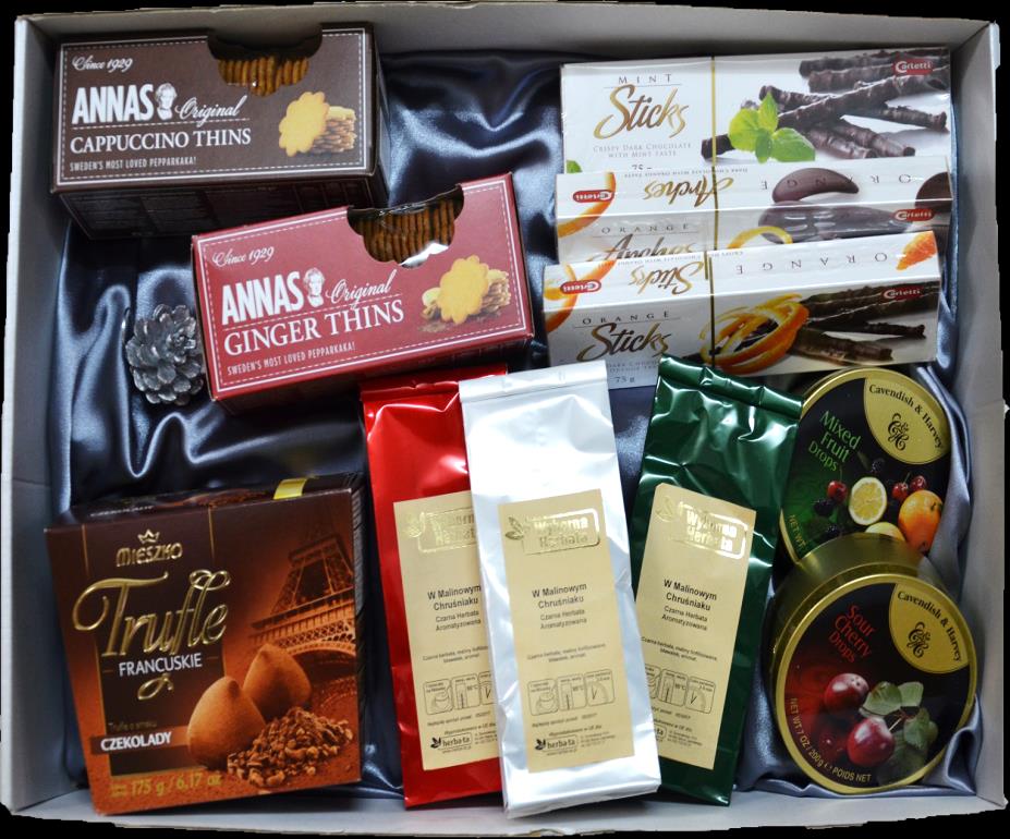 ZESTAW ŚWIĄTECZNY #9 1. ANNAS cappuccino thinis 150g 2. ANNAS ginger thinis 150g 3. Trufle francuskie 175g 4. Herbata Czarna Aromatyzowana 50 g 5. Herbata Czarna Aromatyzowana 50 g 6.