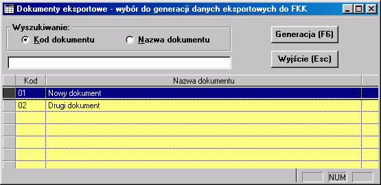 Można w tym momencie zrezygnować jeszcze z eksportu naciskając przycisk Wyjście (Esc) lub wybrać dokumenty dla których ma być wykonany eksport (można wybrać kilka dokumentów) i naciskając przycisk