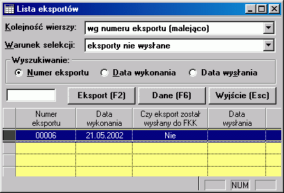 2.2.2 Eksport danych do FKK. Opcja ta służy do przeglądu przygotowanych w poprzedniej operacji danych oraz wykonania faktycznego eksportu do plików DBF lub w formacie paczek XSP.