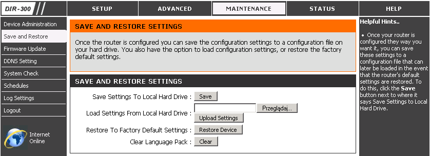 Zapisz ustawienia na lokalnym dysku twardym (Save Settings To Local Hard Drive) kliknij przycisk Zapisz konfigurację (Save Configuration), aby wskazać plik na dysku, w którym zostaną zapisane bieżące