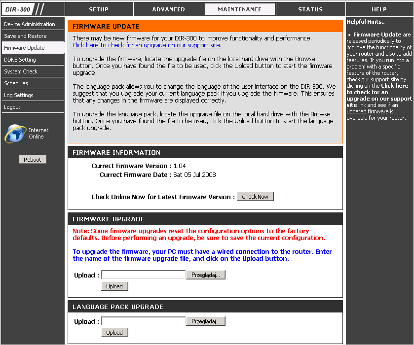 Informacje o Firmwarze (Firmware Information) sekcja zawiera informacje o bieżącym oprogramowaniu i urządzeniu: Current Firmware Version - wersja oprogramowania Current Firmware Date data