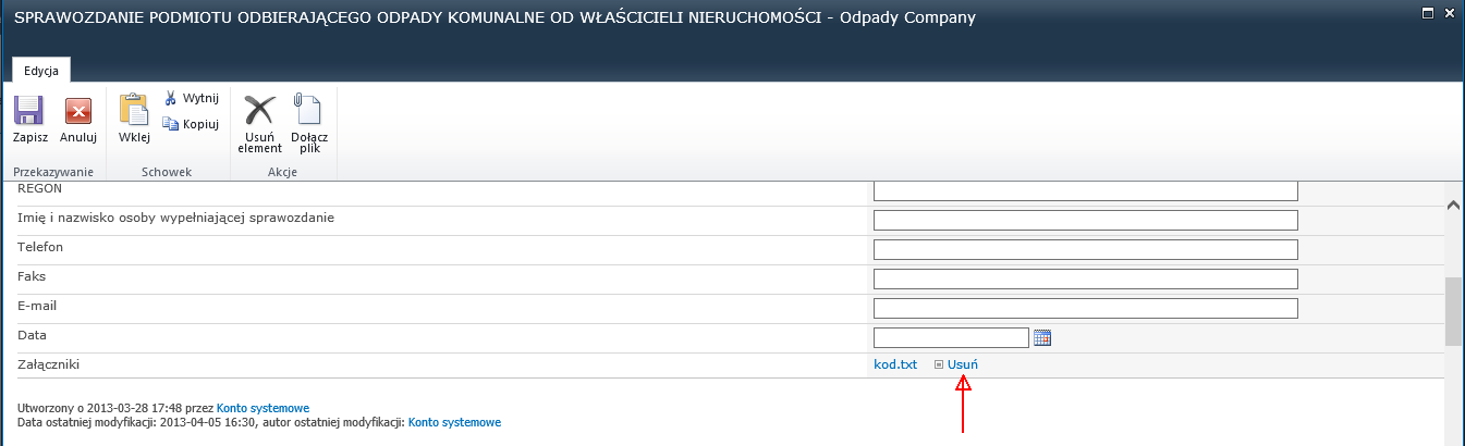 Aby usunąć załącznik, należy zedytować raport, zjechać suwakiem do pozycji Załączniki i wybrać polecenie Usuń, przy