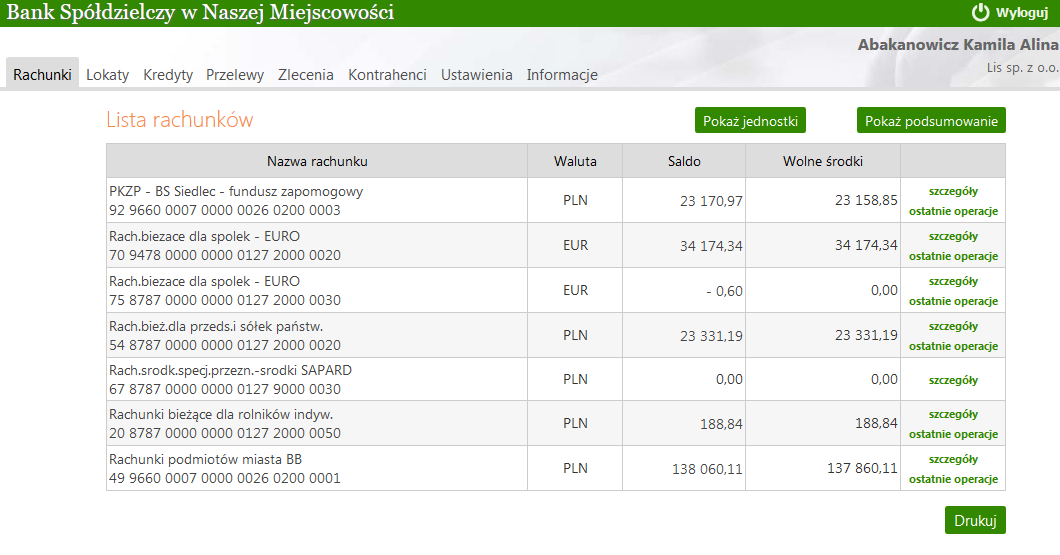 Dla każdego z rachunków wyświetlane są: Rys. 4 Okno Lista rachunków.