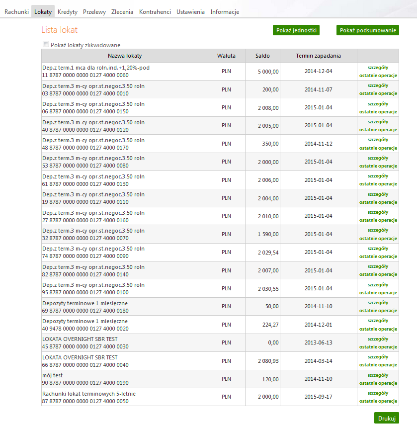 Rys. 11 Okno Lista lokat. Dla każdej z lokat wyświetlane są: numer i nazwa rachunku lokaty, aktualne saldo i waluta lokaty, data zapadania lokaty.