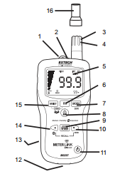 2. wskaźnik laserowy 3. czujnik wilgotności 4. czujnik temperatury 5. wyświetlacz LCD 6. przycisk Wilgotność względna 7. funkcja / przycisk zerujący 8. przycisk termometru na podczerwień 9.