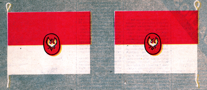 Fig. 4. Proklamacja Mikołaja Mikołajewicza z 1914 r. i pocztówka patriotyczna z flagami o układzie barw czerwono-białych. Do tego interesującego obrazu dodajmy jeszcze jeden fakt oto w 1918 r.