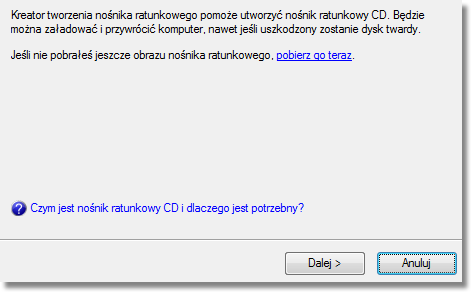 Aby nagrać nośnik ratunkowy na dysk CD/DVD, wykonaj następujące czynności: 1. Otwórz konsole programu poprzez kliknięcie jego ikony na pasku zadań. 2.