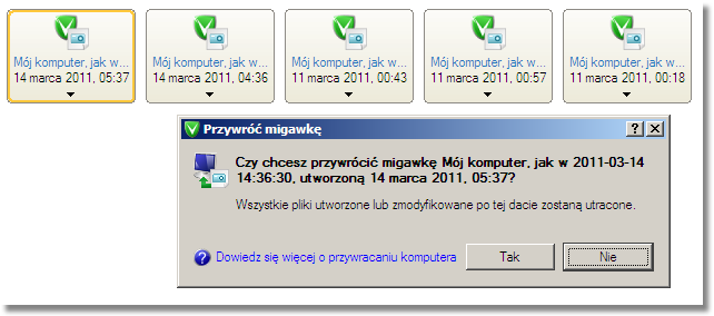 Zostaniesz powiadomiony, że wszystkie pliki utworzone po czasie, w którym migawka została utworzona, zostaną utracone.