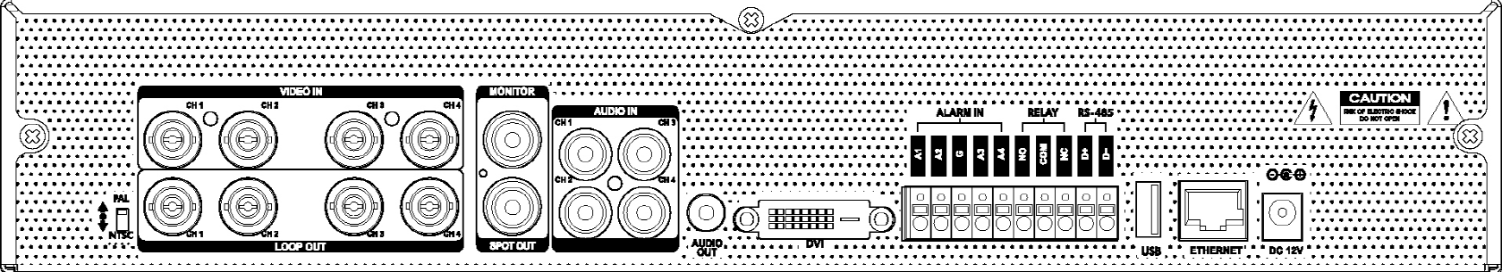 Opis produktu 4. Tylny panel (model 4-kanałowy) C A B D E F G A.