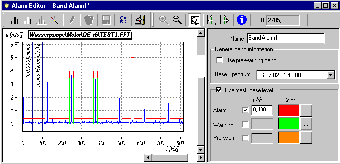 Alarmy Typy alarmów Poziom ogólny alarmu 0-Peak, Peak do Peak i RMS WyŜszy i niŝszy alarm dla przebiegów czasowych 0-Peak, Peak do Peak i RMS Alarmy dla widm Maska i