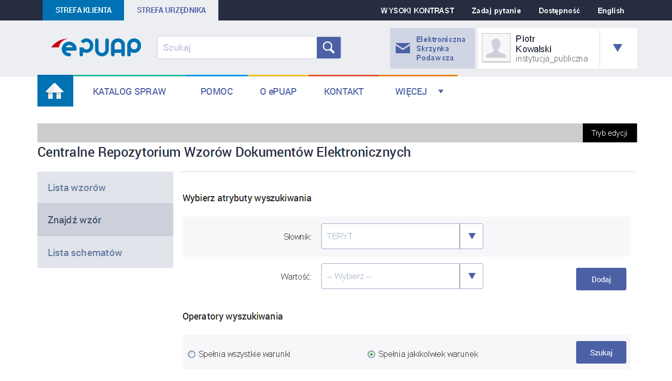 3.3 Wyszukiwanie zaawansowane Do wzoru opublikowanego w Centralnym Repozytorium Wzorów przypisywane są atrybuty, których zadaniem jest ułatwienie użytkownikowi przeszukiwania Repozytorium za pomocą