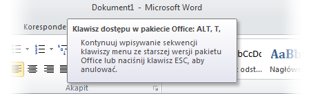 Nowość: porady dotyczące klawiszy W programie Word 2010 są dostępne skróty dla wstążki, nazywane poradami dotyczącymi klawiszy, które pozwalają szybko wykonywad zadania bez użycia myszy.