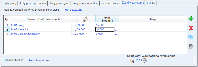 Opis obliczeń sezonowego zapotrzebowania na chłód na cele chłodzenia i wentylacji 7.1.3.6 Zakładka wewnętrzne zyski ciepła Zakładka ta służy do definiowani wewnętrznych zysków ciepła strefie chłodu.