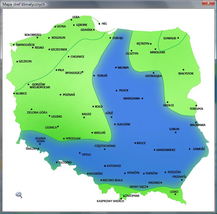 Opis danych wejściowych projektu Dane Klimatyczne: Program pozwala na dwa sposoby wyboru stref klimatycznych, stacji aktynometrycznych i meteorologicznych.