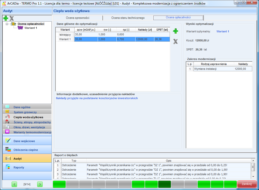 Praca z modułem Audyt 9.2.3.3 Zakładka: Ocena opłacalności Rys 374. Zakładka oceny opłacalności ciepłej wody użytkowej.