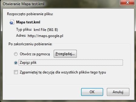 Litery te pojawią się dopiero przy kolejnym otwarciu okna z mapą. Po naciśnięciu liter KML pojawi się okno zapisu pliku na dysku.