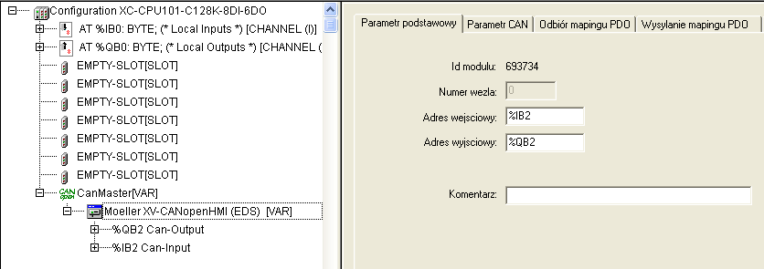 Jeżeli na liście nie ma urządzenia Moeller XV-CANopenHMI należy zapisać zmiany zamknąć CoDeSys a i wykonać czynności z punktu 1) (wgrać plik eds).