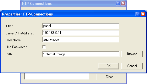 Należy wybrać FTP Path a następnie New Connection. W kolejnym oknie należy nadać nazwę połączeniu oraz wpisać adres IP panelu XV.