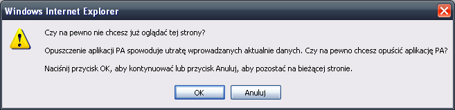 Ekran 16 użycie przycisku wstecz w oknie przeglądarki Komunikat będzie posiadał do wyboru przyciski: <OK> i <Anuluj> (Ekran 17).