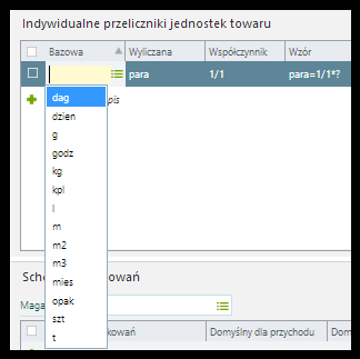 Jednostki i opakowania zakładka karty towaru Sekcja Jednostki: Podstawowa jednostka towaru parametr tożsamy z parametrem z zakładki Ogólne. Jednostka, w której prowadzone są stany magazynowe.