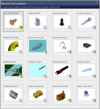 Podstawy SolidWorks Przeglądanie ostatnich dokumentów Aby otworzyć plik w oknie dialogowym Ostatnie dokumenty: Kliknąć Plik > Przeglądaj ostatnie dokumenty lub nacisnąć R, aby wyświetlić w