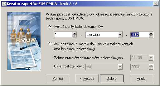 Rysunek 161. Okno dialogowe: Kreator raportów ZUS RMUA - krok 1/6 3.