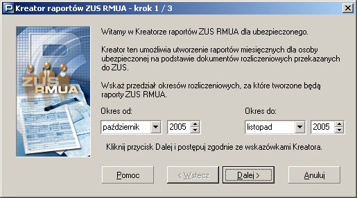 5.2.5 Tworzenie raportów ZUS RMUA dla ubezpieczonego Funkcja umoliwia utworzenia dla wybranego ubezpieczonego raportów ZUS RMUA za jeden lub kilka wskazanych okresów rozliczeniowych.