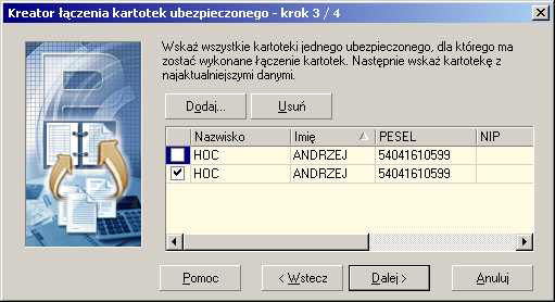 Rysunek 48. Okno komunikatu 3. Kliknij przycisk Dalej w oknie powitalnym kreatora (patrz Rysunek 44). Kliknicie przycisku Anuluj oznacza rezygnacj z %czenia kartotek ubezpieczonych. 4. W nastpnym oknie (patrz Rysunek 45) wybierz opcje Chc samodzielnie wskaza kartoteki ubezpieczonego, które powinny by po*"czone, a nastpnie kliknij przycisk Dalej.