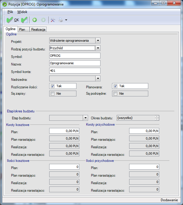 Wprowadzanie planowanych kwot i ilości możliwe jest wyłącznie na jednej z pozycji w gałęzi drzewa..program nie pozwoli wpisać kwot lub ilości planu na pozycji nadrzędnej i podrzędnej.