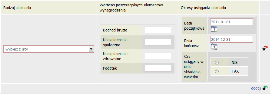 Na dole strony pod informacją znajduje się pole o rodzajach dochodu.