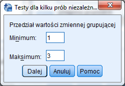 1. Zmienną, której rangi w trzech grupach chcemy porównać (Kontynuowanie nauki na studiach) przesuwamy do okienka po prawej stronie Zmienne testowane 2.