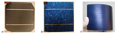 Fot 1. Porównanie ogniw PV z krzemu monokrystalicznego, polikrystalicznego i amorficznego na elastycznym podłożu ze stali nierdzewnej.