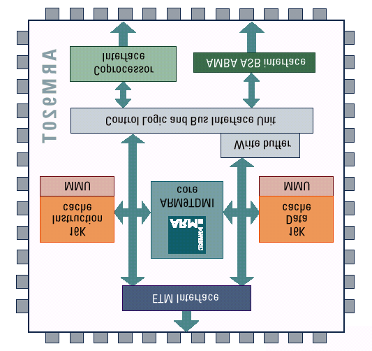 Uproszczony schemat blokowy procesora rodziny ARM9 Wybrane cechy: Częstotliwość zegara do 250 MHz; Dodatkowe bloki wbudowane w strukturę procesora, np.