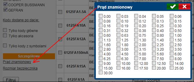 Należy wybrać żądanego producenta / producentów i zatwierdzić klikając w. W zależności od przeglądanej klasy aparatów, dostępne są również filtry specyficzne dla danej klasy, takie jak np.