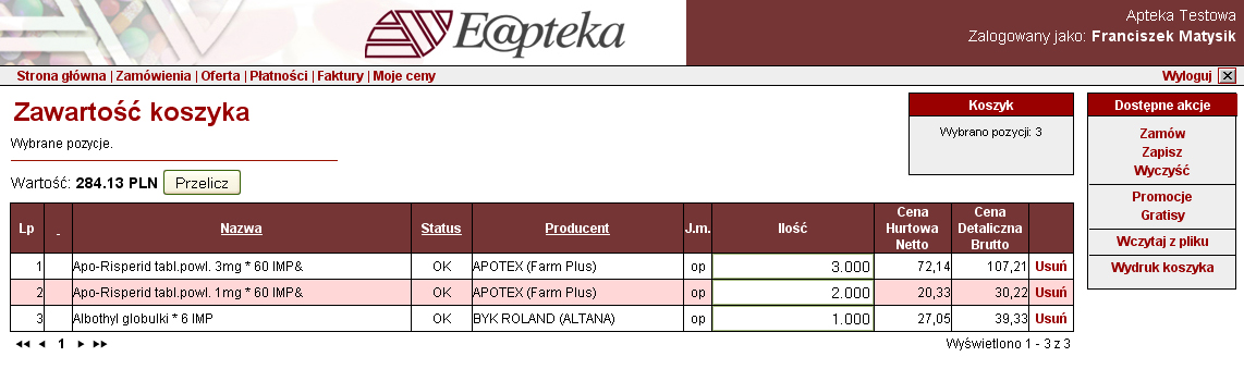 Zapisywanie koszyka Po naciśnięciu zakładki Zamówienia - notatka, którą zrobiła apteka ma status Zapamiętane. Notatka ważna jest do godzi. 24.00 danego dnia kiedy została zrobiona. 1.