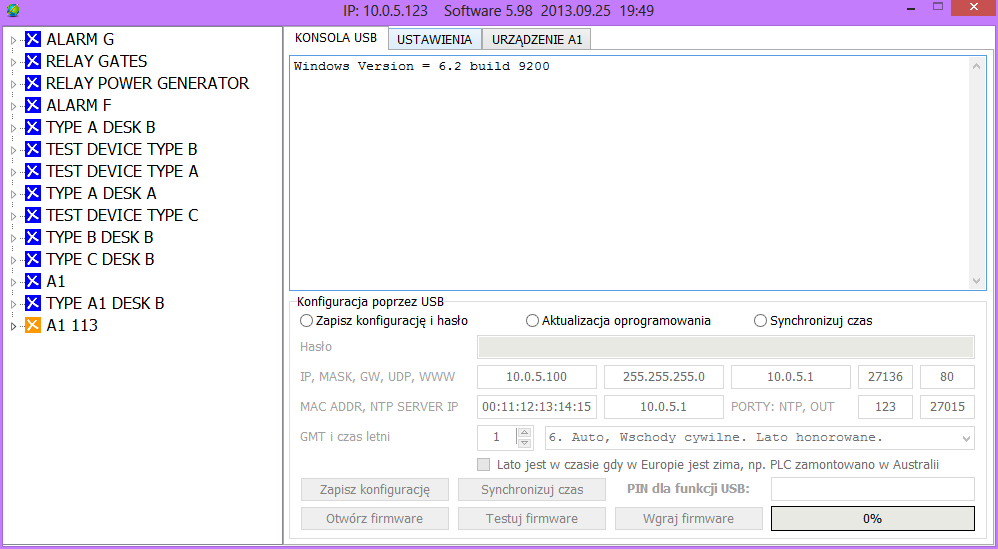 14.4. Zakładka KONSOLA USB Ta zakładka służy do: - konfiguracji urządzenia oraz nadania mu hasła ( opis wyżej w instrukcji ) - aktualizacji oprogramowania firmware (