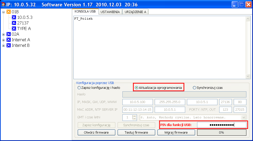 15.2. Aktualizacja firmware Kiedy już urządzenie znajduje się w trybie aktualizacji: 1. Uruchom oprogramowanie w komputerze. 2. Przejdź do zakładki KONSOLA USB. 3.