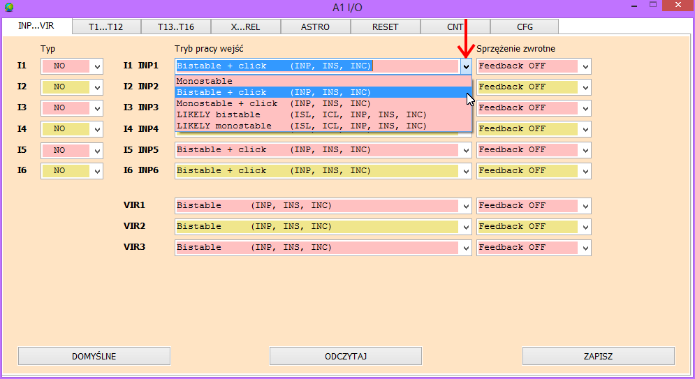Tryb pracy wejścia: Wybieramy jak ma się dane wejście zachowywać. Czy ma być to wejście monostabilne czy bistabilne ( dotyczy wejść fizycznych I1-I6, zmiennych INP1-INP6 ).