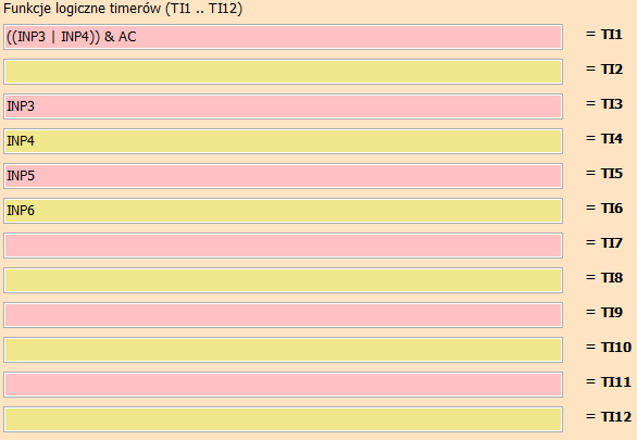 Przykładowe równania, jakie możemy wpisać na wejściu timera: Przykład: Na wejściu timera TI1 wpisaliśmy ((INP3 INP4)) & AC Oznacza to, że aby timer aktywował się musi się włączyć