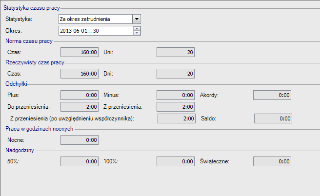 Kalendarz / Statystyka Statystyka czasu pracy jest zestawieniem informacji o czasie pracy i nieobecnościach w wybranym okresie: Norma czasu pracy (w godzinach, w dniach pracy)