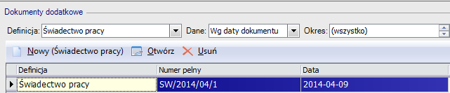 Dokumenty dodatkowe W kartotece pracownika na zakładce Dokumenty dodatkowe jest możliwość wystawiania cząstkowych świadectw pracy z zakończonych umów terminowych lub świadectw pracy dla pracowników