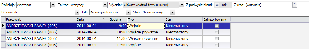 Kadry / Czas pracy / Dane z RCP W wersji platynowej programu dostępna jest lista zaczytanych danych z RCP.