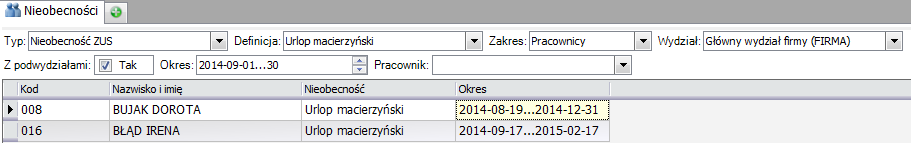 Kadry / Czas pracy / Nieobecności Zakładka pozwala na wyświetlanie listy nieobecności. Lista ta widoczna jest od wersji złotej programu.