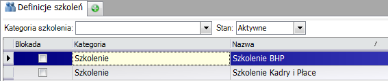 Szkolenia / Definicje szkoleń Na liście "Definicje szkolenia" znajduje się lista wprowadzonych definicji szkoleń. Nową definicję szkolenia dodajemy poprzez wskazanie "Nowy(Definicja szkolenia)".