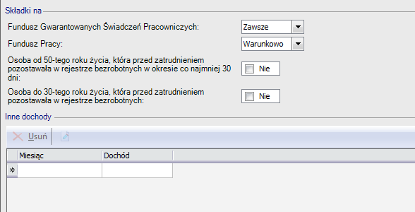 Kadry / Podstawa składek na FP i FGŚP Formularz zawiera dane: Składki na Fundusz Gwarantowanych Świadczeń Pracowniczych pozwala wybrać opcje: Zawsze - program naliczy składki na FGŚP Nie naliczaj -