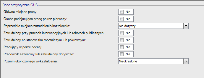 Kadry Pozostałe / Dane statystyczne Zgromadzone w programie dane pozwalają na przygotowanie deklaracji GUS.